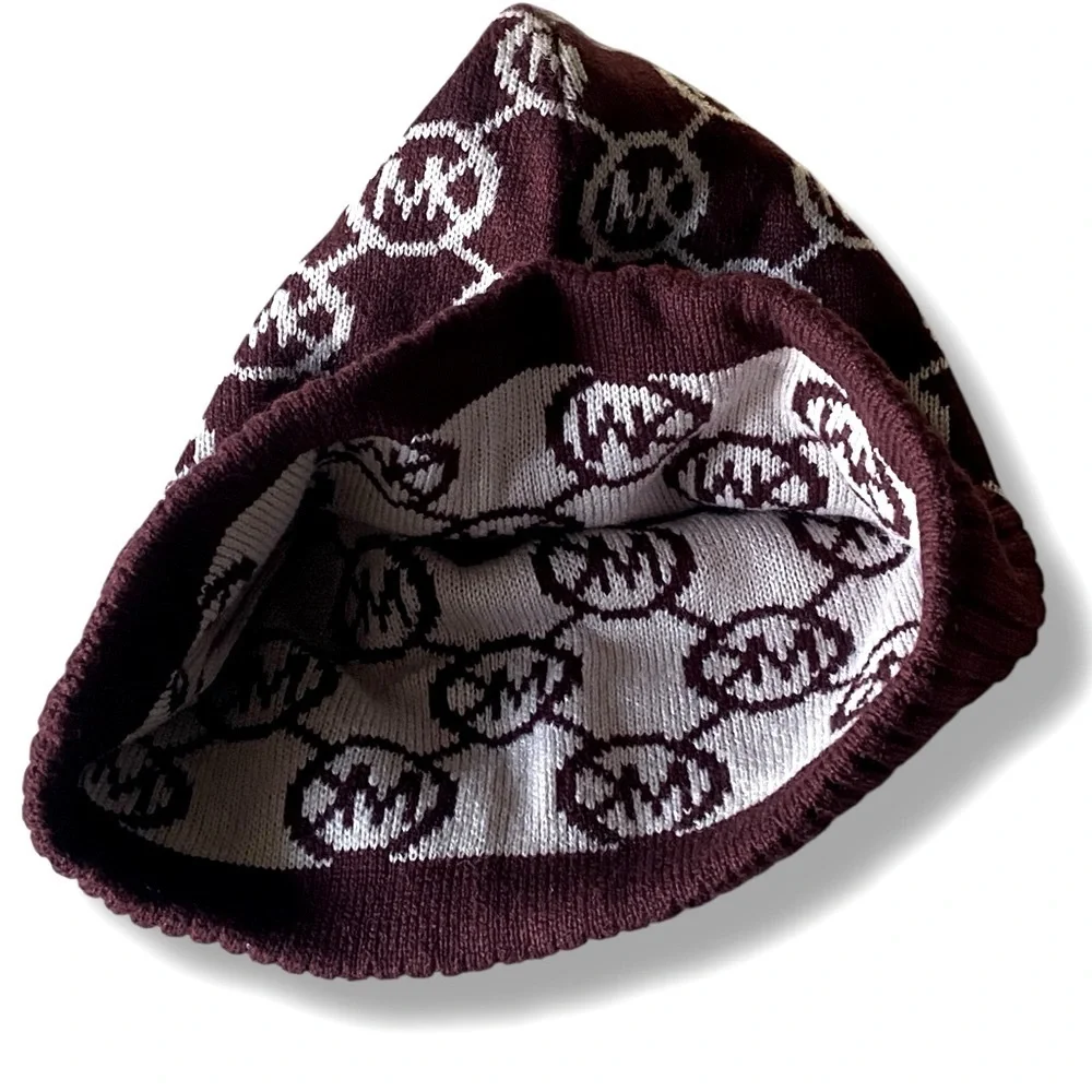 Michael Kors Rib Knit Beanie All-Over MK Print Burgundy White One Size NWT